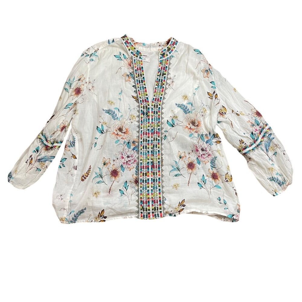 Johnny Was Paris Effortless Blouse Women's Size Large Floral Embroidered‎ Cotton